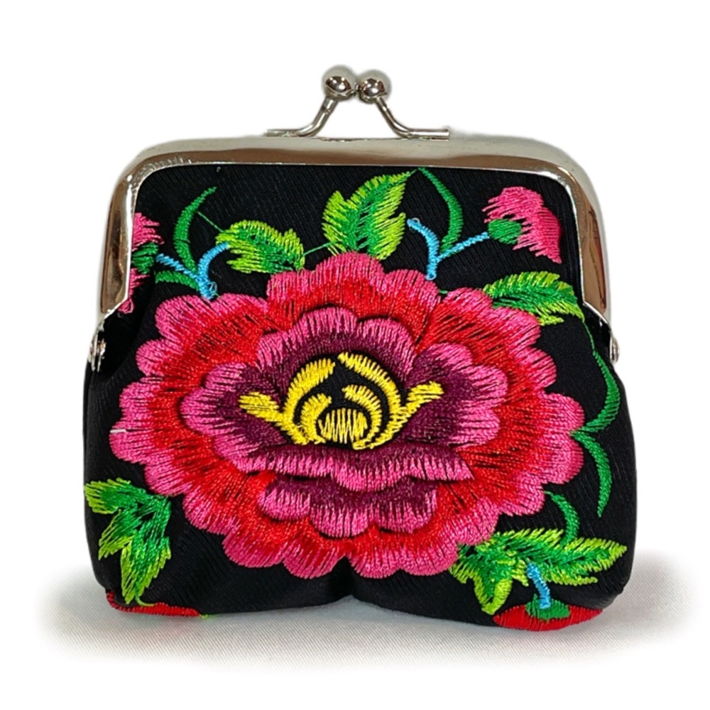 Boho Floral Embroidery Kiss Lock Vintage Style Coin Purse Chinese Peony Ethnic